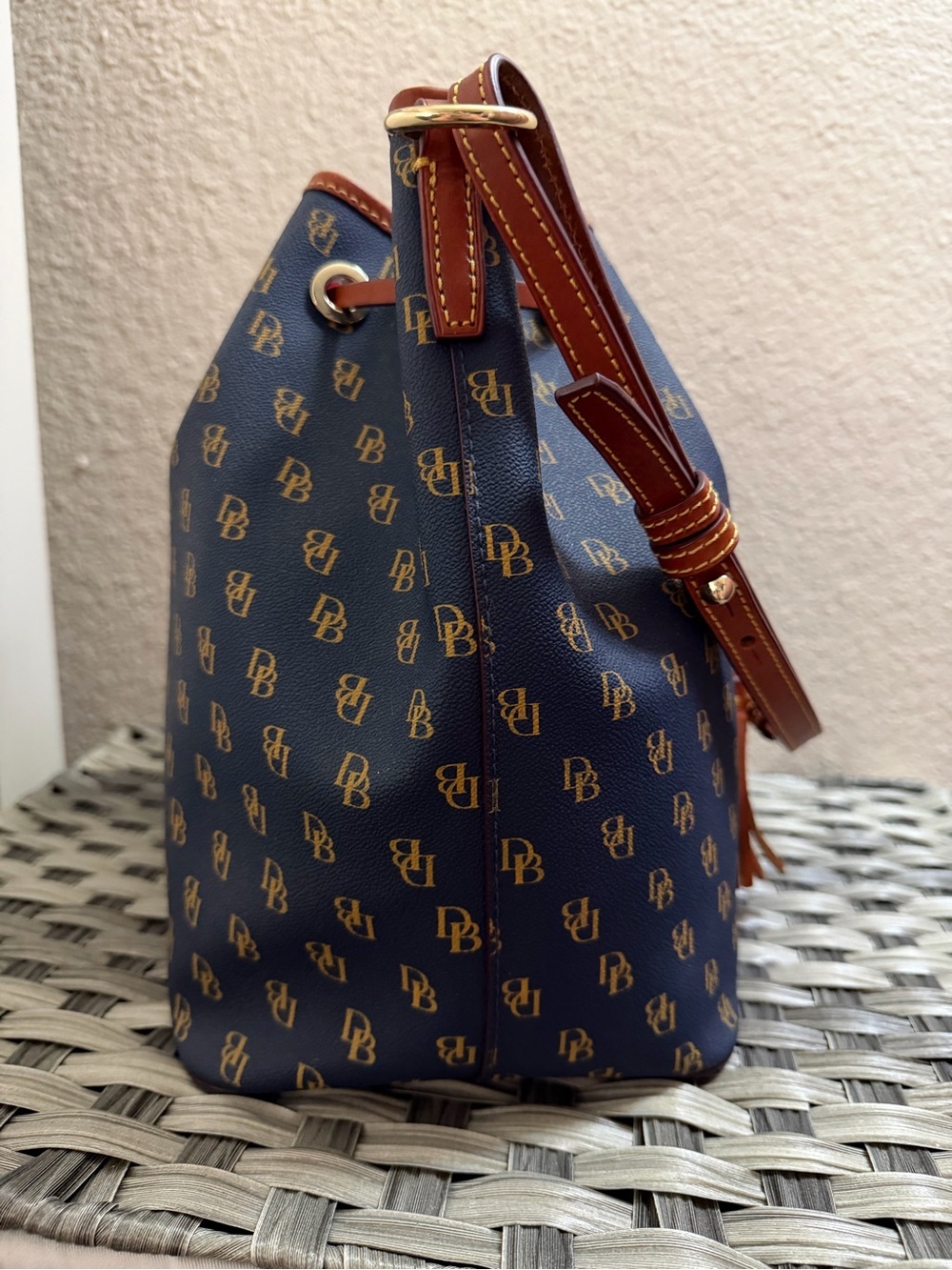 Dooney & Bourke Gretta Navy and Brown Monogram Drawstring Bucket Bag - Picture 5 of 14
